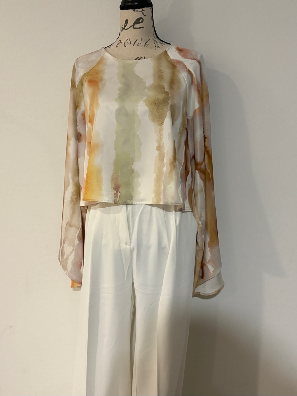 Watercolor Print Blouse & White Tailored Pants Matching Set